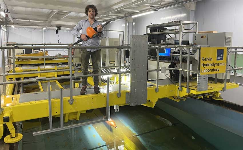 George Dadd, HydroWing Lead Turbine Engineer, at hydrodynamic testing lab in Scotland.